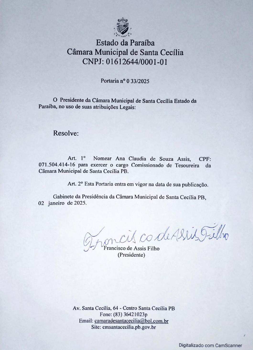 PORTARIA Nº 033/2025 - NOMEAÇÃO DA TESOUREIRA