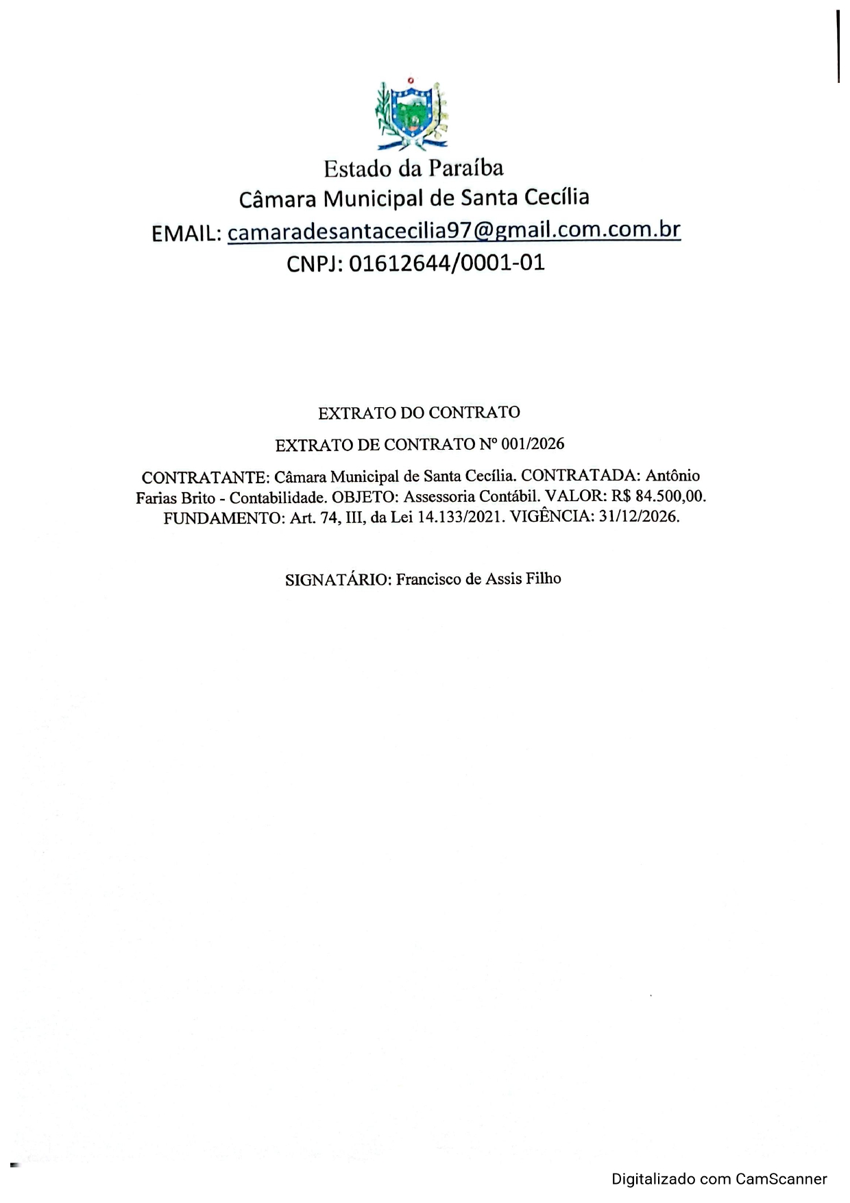 Contrato de Assessoria Contábil para  Câmara Municipal  de Santa Cecília  PB  EXERCÍCIO  2026.