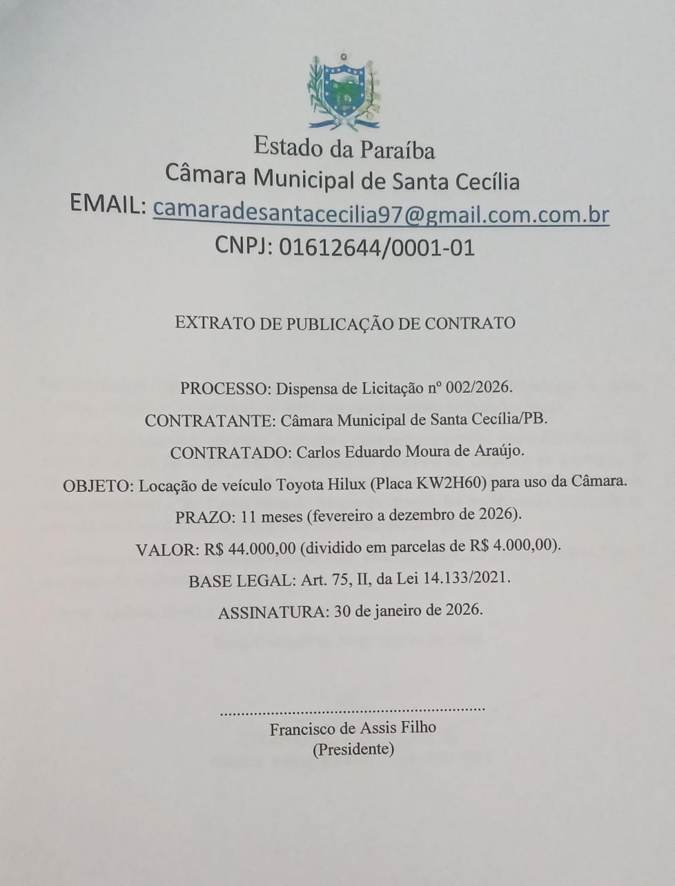 EXTRATO DE PUBLICAÇÃO DE LOCAÇÃO DE VEÍCULO PARA CÂMARA MUNICIPAL