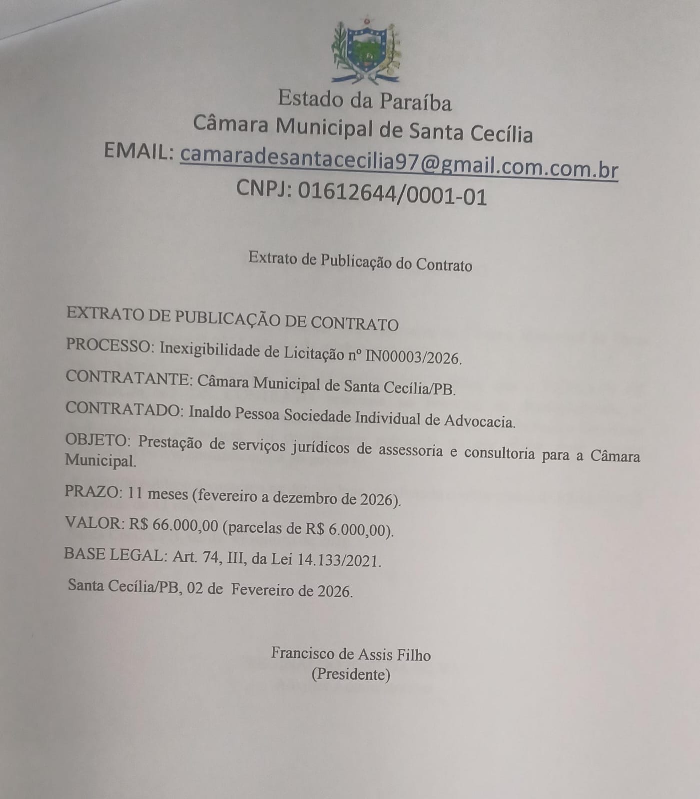 Extrato de publicação de contrato de Assessoria Jurídica 2026